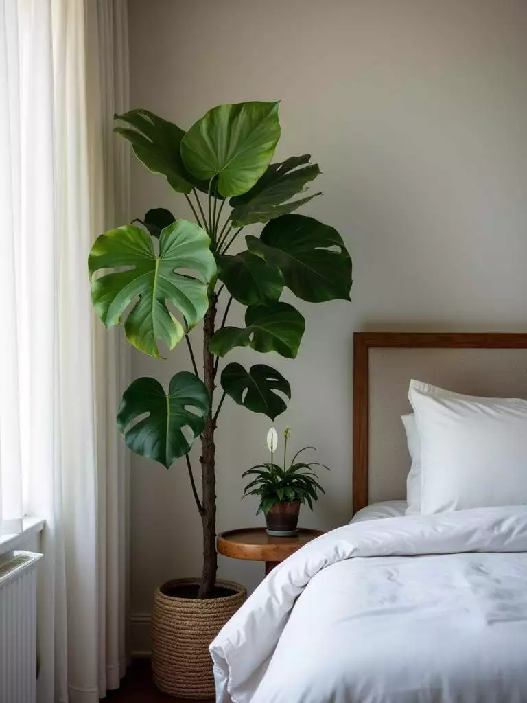 Bedroom corner with indoor plants: fiddle leaf fig and peace lily.