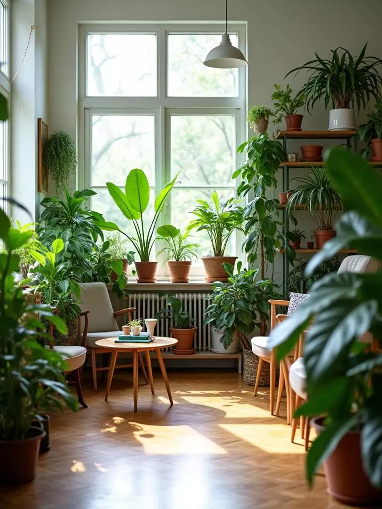 Bright and airy living room filled with lush houseplants, adding natural greenery and life to the space.