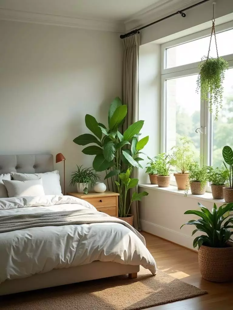 Bedroom decorated with lush green indoor plants, bringing nature indoors.