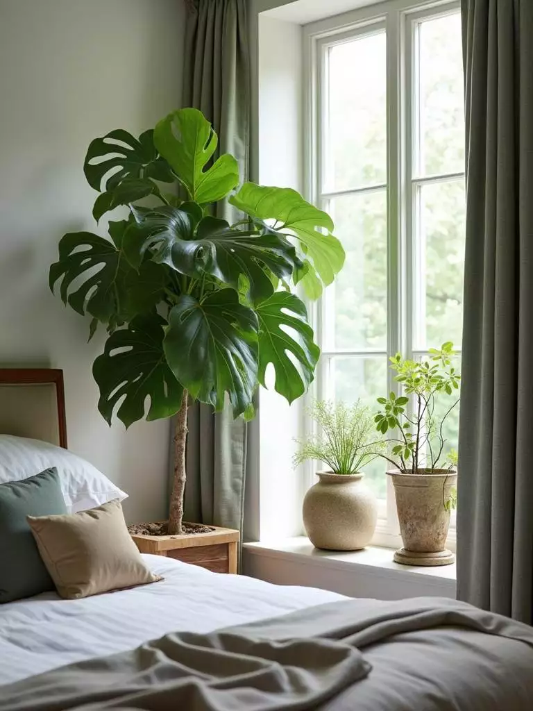 A luxury bedroom featuring strategically placed indoor plants, including a statement fiddle leaf fig tree and smaller decorative plants, complemented by natural light.
