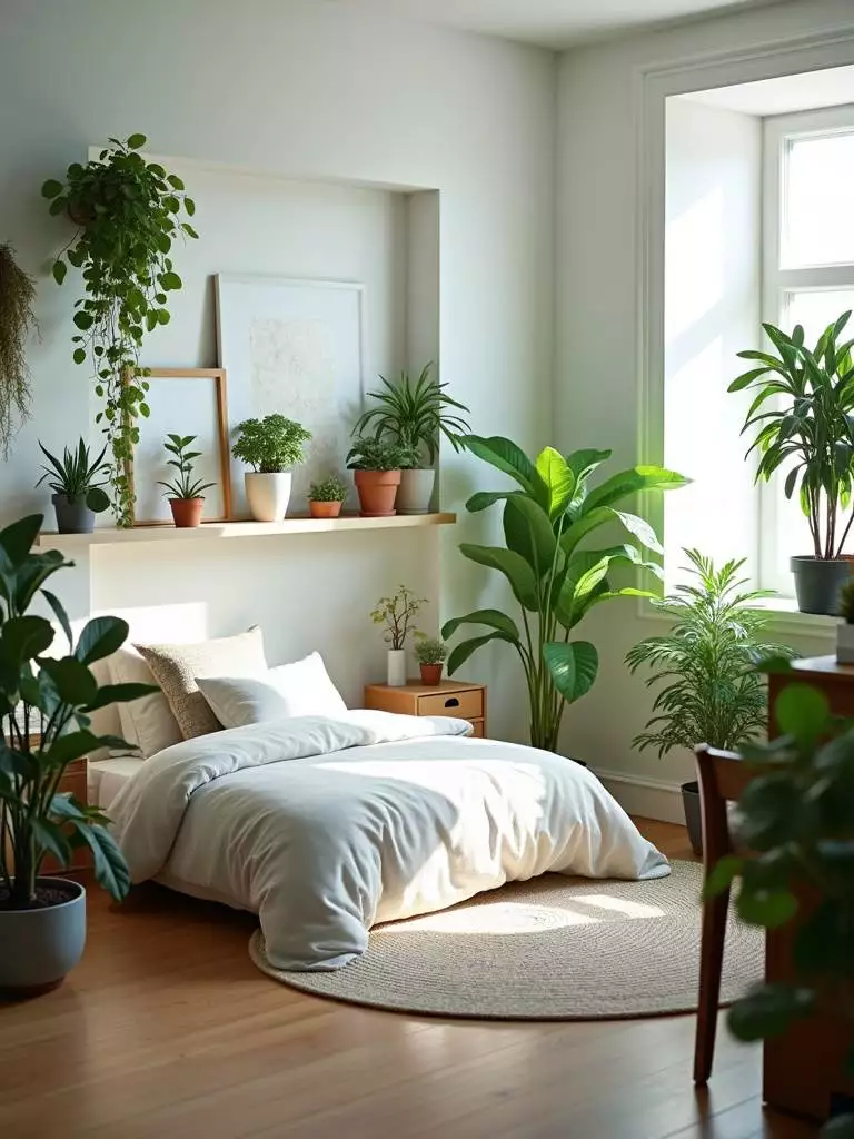 Small bedroom with various potted plants, bringing freshness and vitality to the space.
