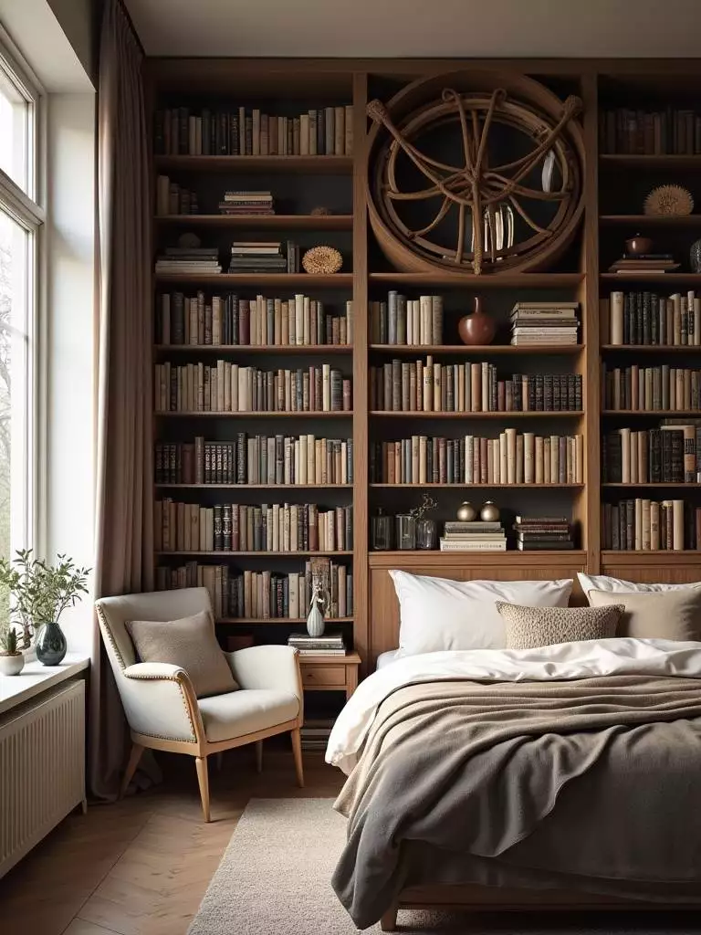 Cozy bedroom featuring bookshelves filled with books, creating a personal library ambiance.