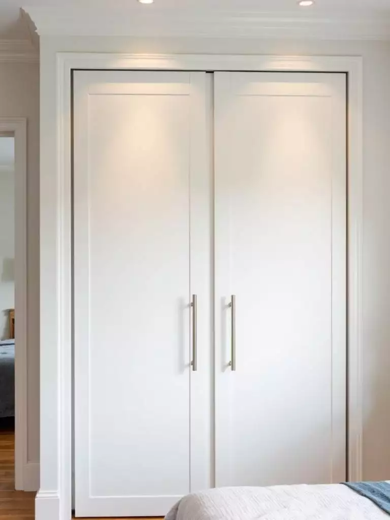 Small bedroom with a white built-in wardrobe featuring sliding doors, providing seamless and space-efficient closet design.