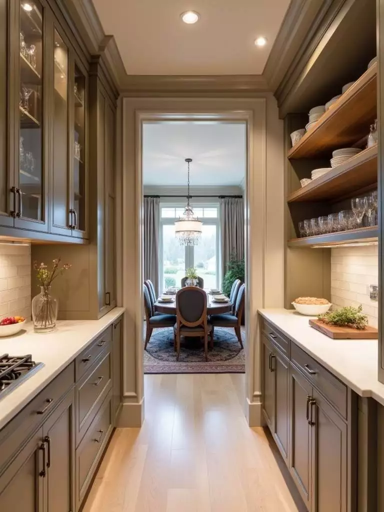 A luxurious butler’s pantry is showcased with elegant cabinetry, countertops, and open shelves filled with glassware and serving dishes, creating a sophisticated space for entertaining.