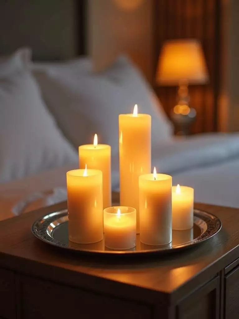 Bedside table with a cluster of lit candles creating a romantic glow.