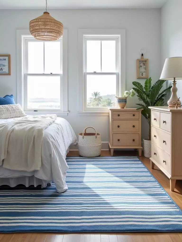 Coastal style bedroom with a prominent blue and white striped rug, light wood furniture, and nautical decor accents in bright natural light.