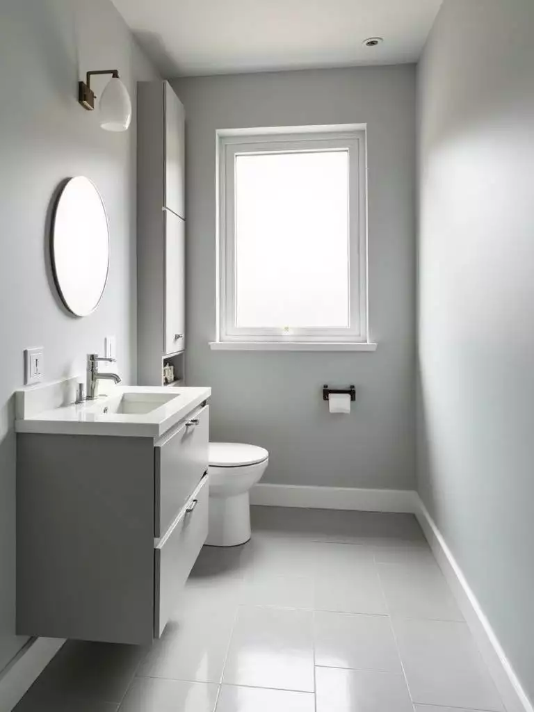 Small modern bathroom featuring a monochromatic light grey color palette throughout walls, floor, and vanity, creating a cohesive, calming, and spacious atmosphere in the light-filled room.