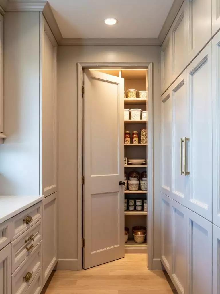 A concealed walk-in pantry with a hidden door seamlessly integrated into luxury kitchen cabinetry is shown slightly ajar, revealing a bright and organized interior with shelving and storage containers.