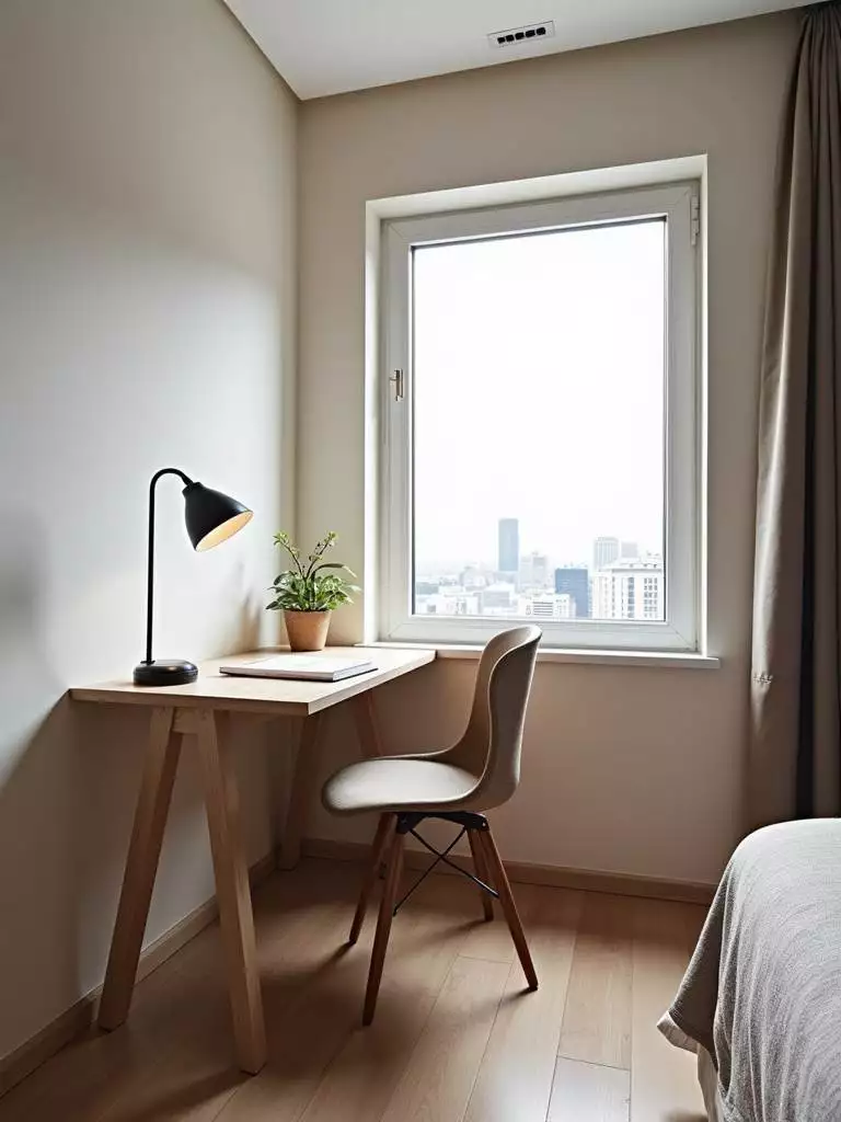 Small bedroom corner utilized as a workspace with a corner desk, chair, and lamp.