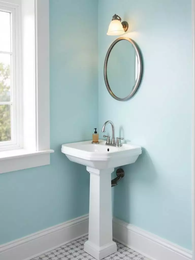 Small transitional bathroom featuring a white corner pedestal sink neatly fitted into the corner, maximizing space in the light blue room with white and grey patterned floor tiles.