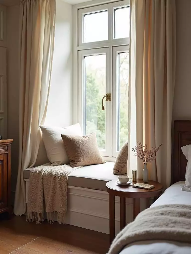 Small bedroom with a cozy corner window seat nook, complete with cushions, a throw blanket, and a side table.
