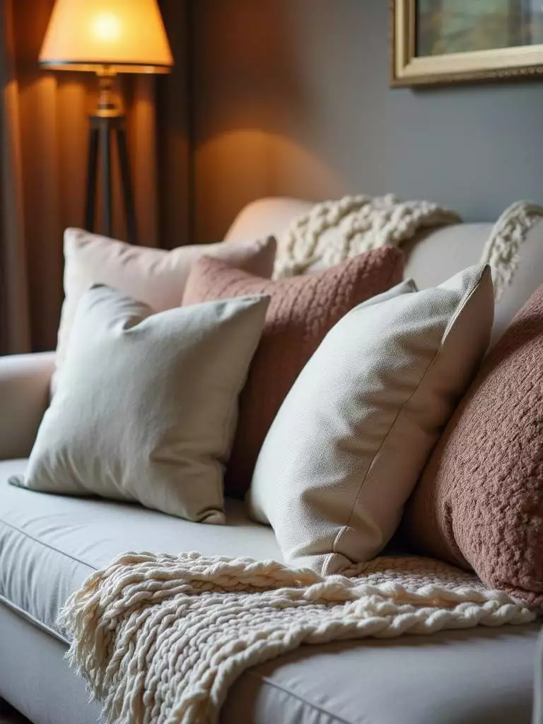 Living room sofa styled with a variety of textured throw pillows and a cozy knit blanket.