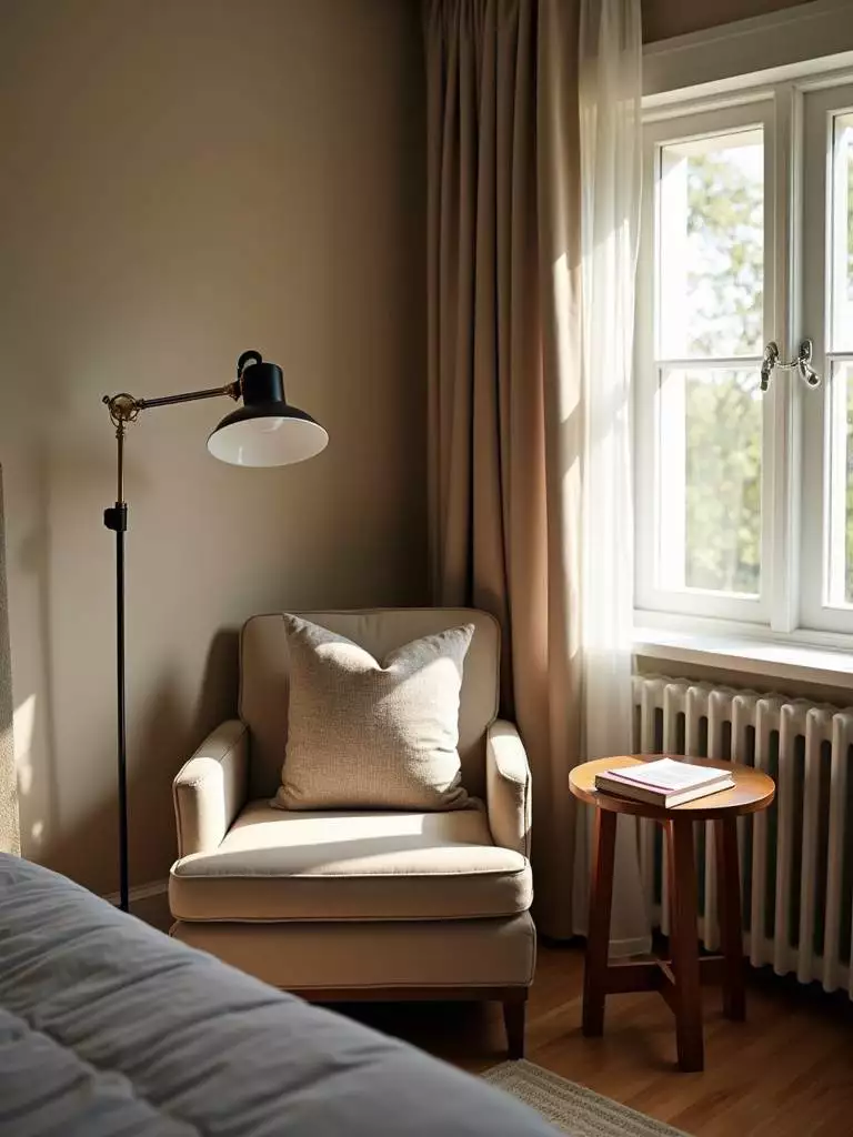 Cozy reading nook in a bedroom with an armchair, floor lamp, and side table.