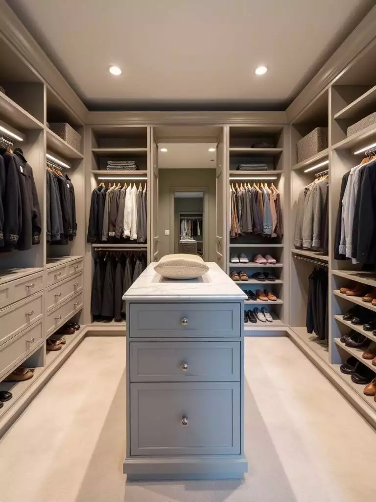 A luxurious walk-in closet featuring custom built-in organization, a central island, a plush bench, and soft lighting, creating an elegant dressing area.