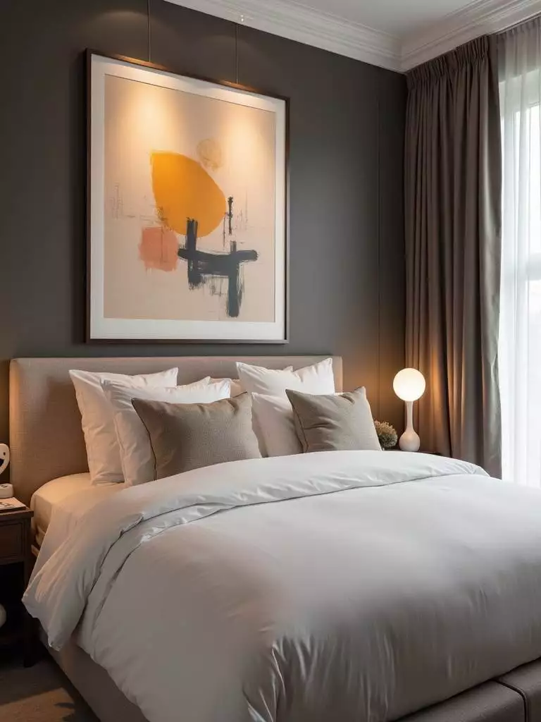 A luxury bedroom featuring curated art, including a large abstract painting above the bed and a minimalist sculpture on a nightstand, illuminated by soft gallery lighting.