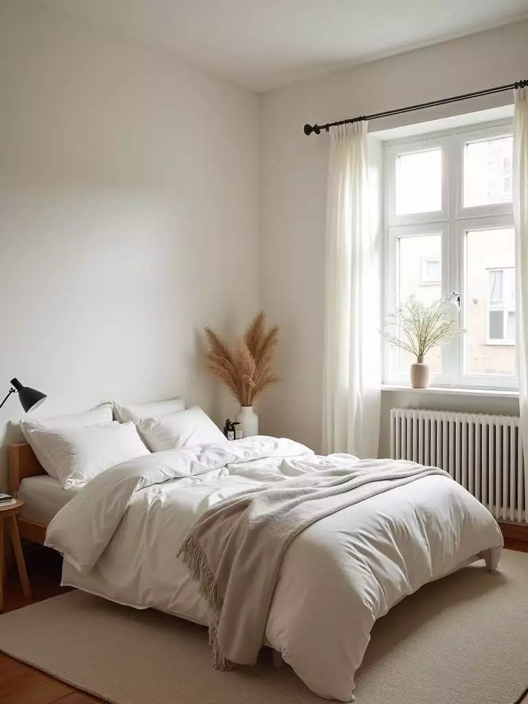 Serene and decluttered bedroom, creating a spacious and cozy vibe through minimalist decor.
