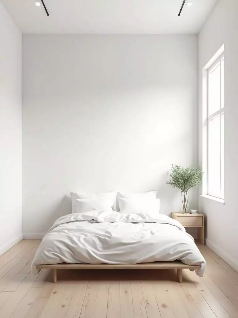 Minimalist small bedroom with white walls, light wood floor, and minimal decor, emphasizing decluttered space.