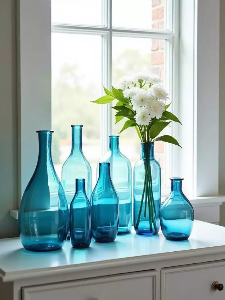 Bedroom dresser featuring a collection of decorative blue glass vases in various shapes and shades, some with white flowers or greenery, illuminated by soft diffused light.