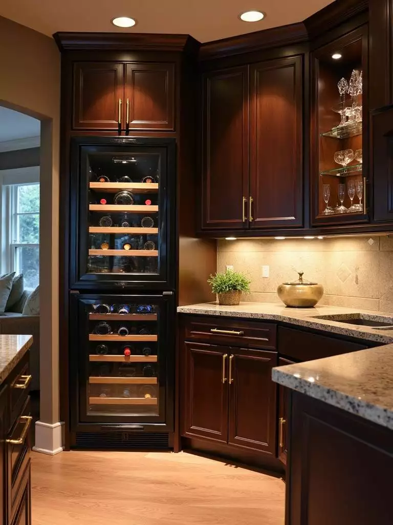 A luxurious kitchen bar area features a built-in wine refrigerator, elegant dark wood cabinetry with brass accents, and a countertop with stylish bar accessories, creating a sophisticated entertaining space.