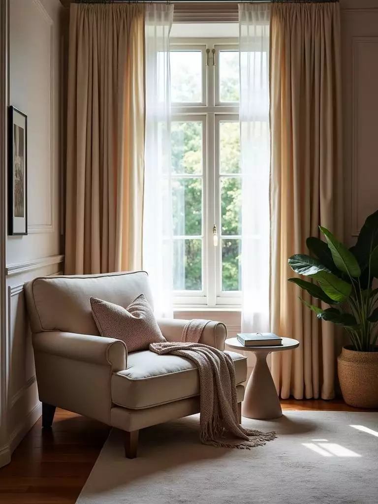 A cozy reading nook in a luxury bedroom featuring a comfortable armchair, reading light, and accessories, creating an intimate space for relaxation.
