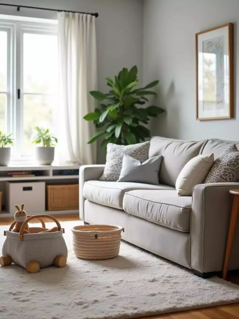 Casual contemporary family-friendly living room with a large comfortable sectional sofa, washable rug, and designated play area, designed for comfort and practicality.