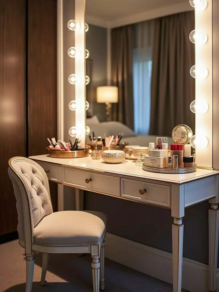 A luxurious bedroom vanity area featuring a mirrored vanity table, upholstered chair, strategic lighting, and elegantly displayed accessories.