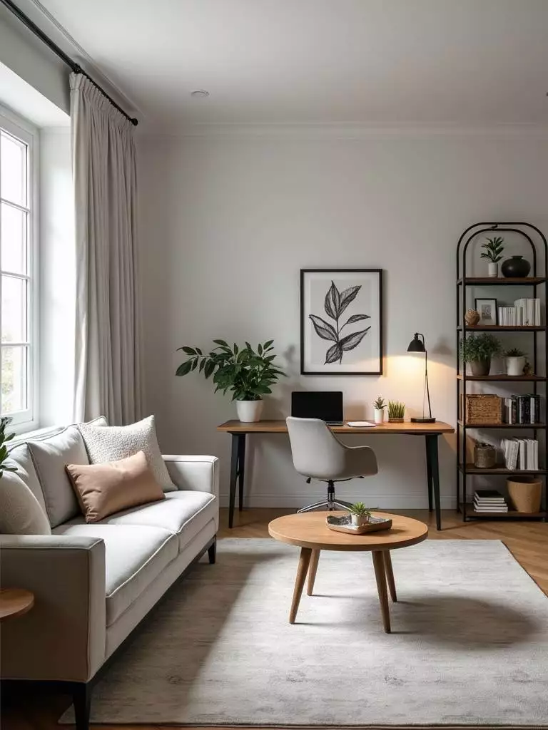 Transitional style multi-functional living room with a designated workspace corner separated from the relaxation area by shelving.