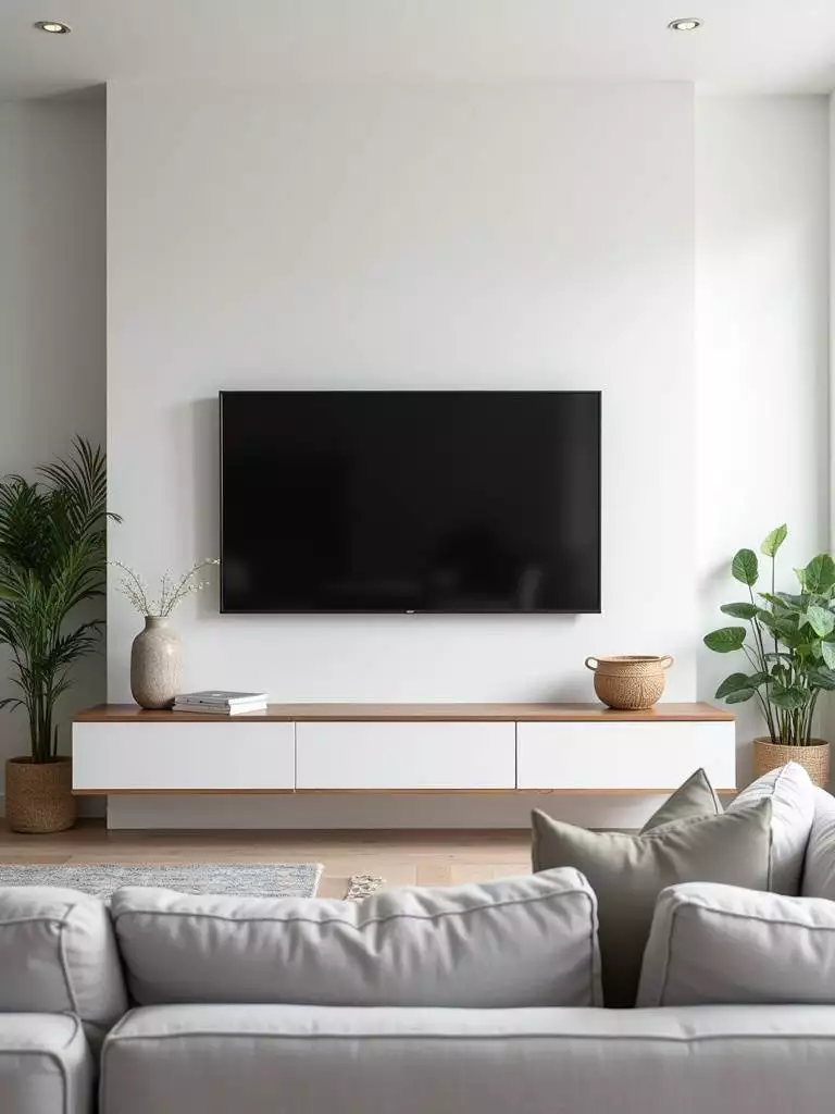 Modern Scandinavian living room with a wall-mounted TV seamlessly integrated above a sleek console, maintaining a stylish aesthetic.