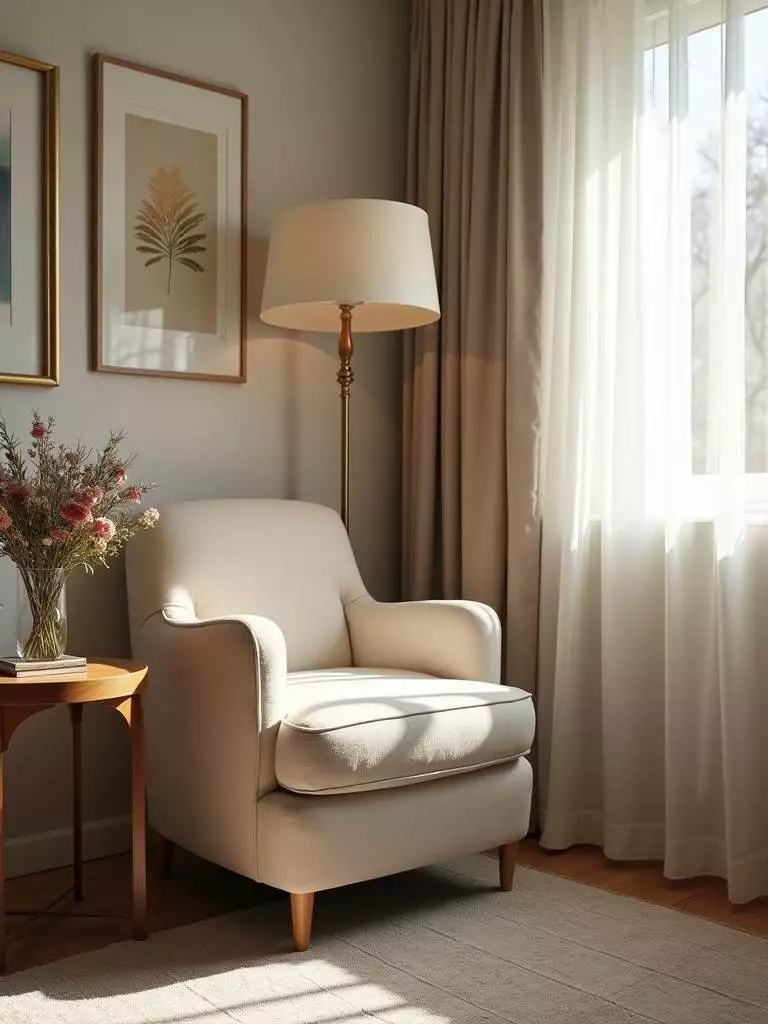 Cozy reading corner designed for relaxation within a bedroom, featuring comfortable seating and soft lighting.