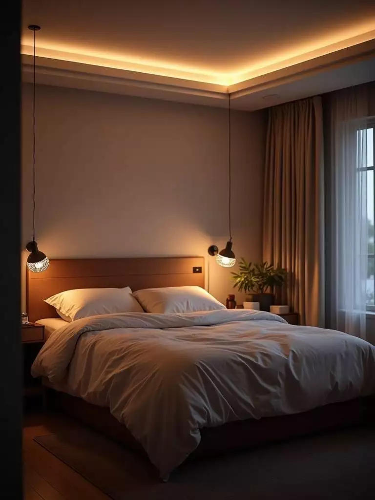 Small bedroom at dusk with dimmable ceiling light providing soft, warm illumination, creating a relaxing mood.