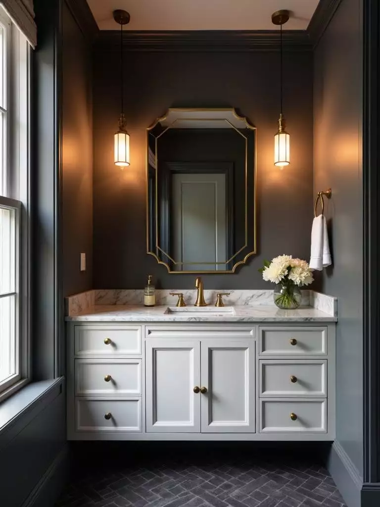 Small glam bathroom featuring two gold pendant lights hanging above the vanity mirror, adding luxurious style and warm lighting to the dark grey and marble space.