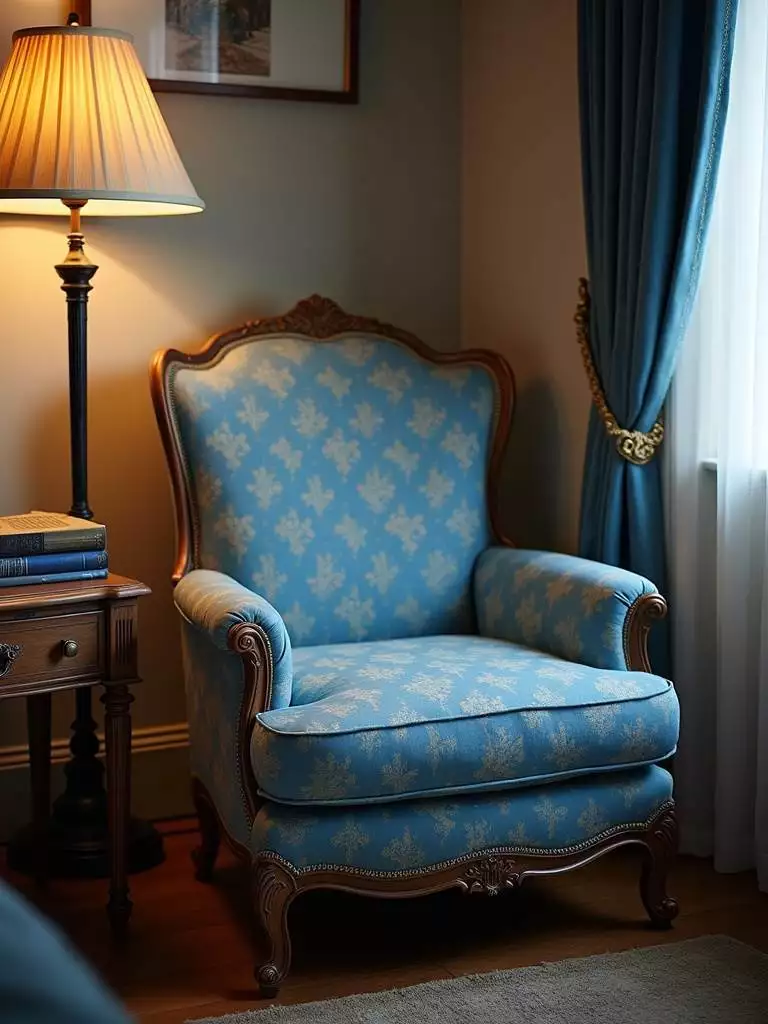 Cozy bedroom corner with an elegant traditional blue patterned armchair, floor lamp, side table, and warm ambient lighting.