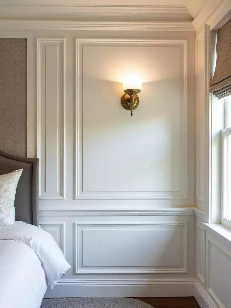 A luxury bedroom featuring custom millwork walls with white wainscoting and elegant wallpaper above, accented by crown molding and soft sconce lighting.