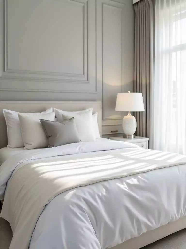 A luxury bedroom designed with a calming soft gray and white color palette, creating a tranquil and restful atmosphere with natural light.