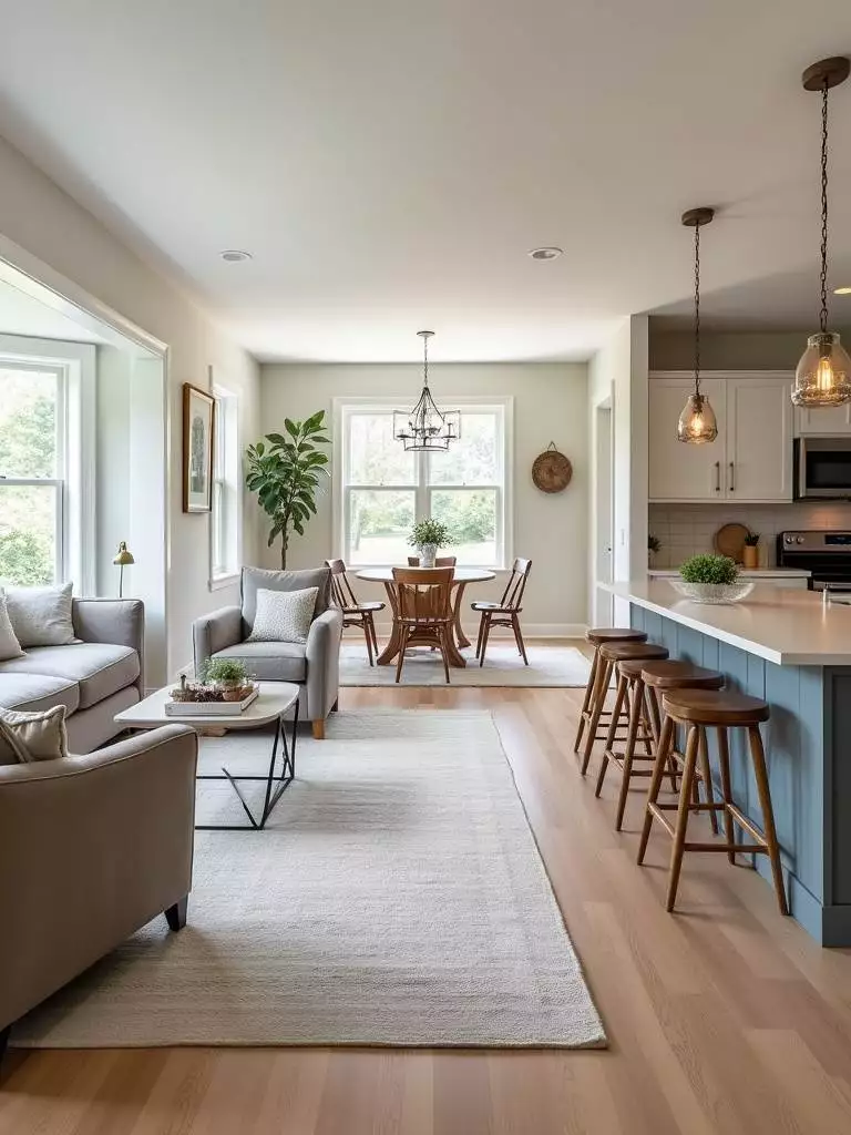 Modern farmhouse open-concept living space with distinct zones for living, dining, and kitchen, defined by a rug and furniture placement.