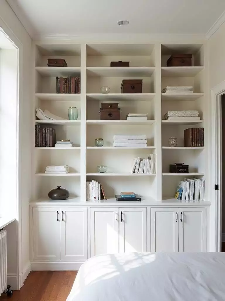 Small bedroom with floor-to-ceiling white shelving unit filled with books and decor, maximizing vertical storage.