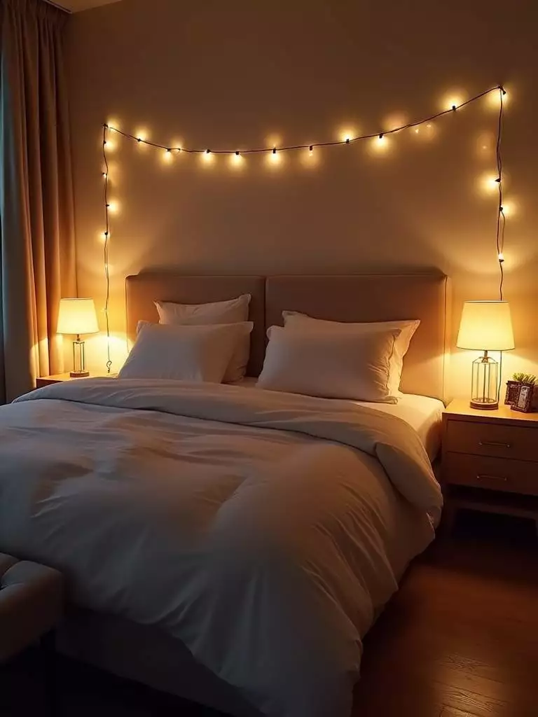 Cozy bedroom lit with soft bedside lamps and string lights, creating a warm and inviting ambiance.