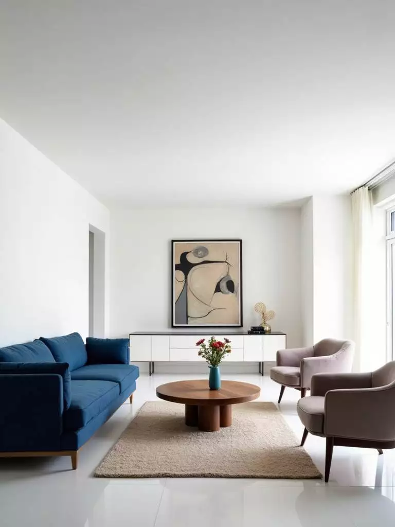 Modern contemporary living room with an asymmetrical layout featuring a large sofa balanced by different armchairs and unique decor for a dynamic feel.