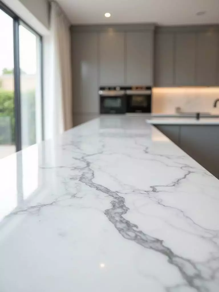 A luxurious kitchen island features a stunning white Calacatta marble waterfall countertop with bold grey and gold veining, illuminated by soft natural light.