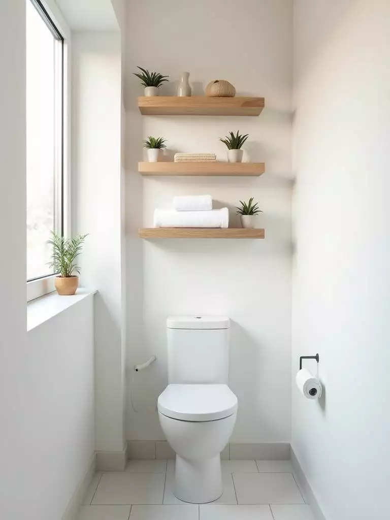 Small modern bathroom featuring light wood floating shelves mounted above the toilet, providing minimalist and space-saving storage for towels and plants in the white and light wood room.