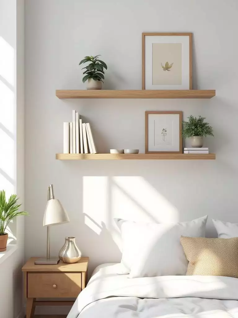 Small bedroom with light wood floating shelves styled with books, plants, and decor, providing stylish and space-saving storage.