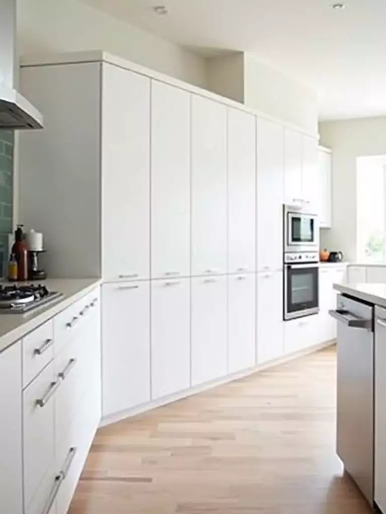 Modern kitchen featuring sleek white floor-to-ceiling cabinets for maximized vertical storage.