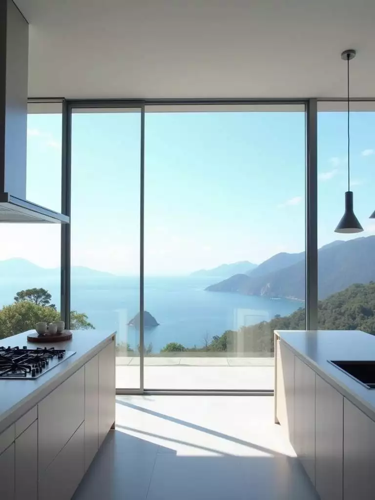 A luxury kitchen with expansive floor-to-ceiling windows offers breathtaking panoramic views of a stunning landscape, with bright natural daylight flooding the minimalist interior.