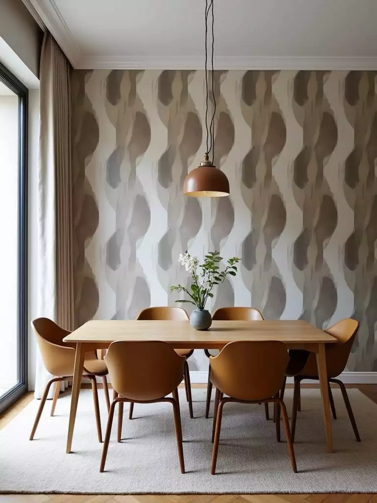 “Dining room with a statement wall featuring bold geometric wallpaper, complemented by neutral furniture and a simple pendant light.”