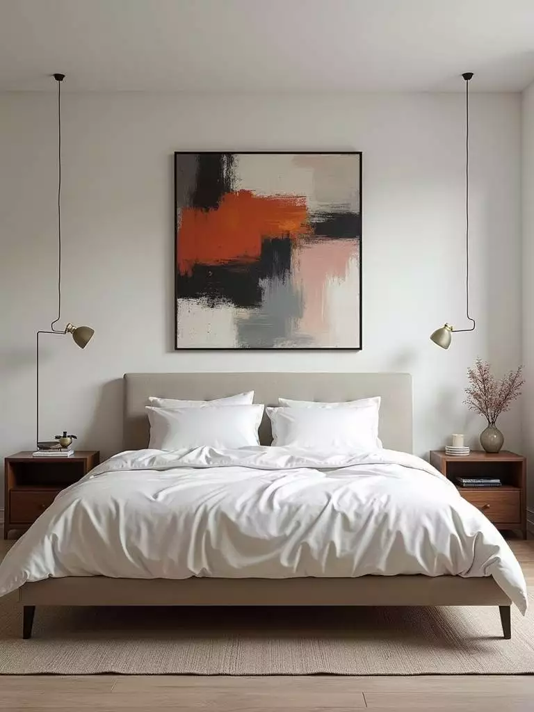 Small bedroom with a bold abstract artwork above the bed, serving as a focal point and drawing attention.