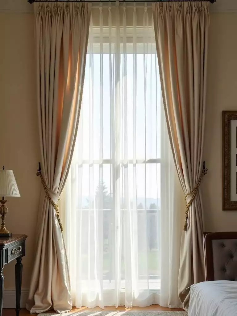 Luxurious floor-to-ceiling window treatments in a bedroom, featuring layered silk drapes and sheer curtains elegantly framing a large window.