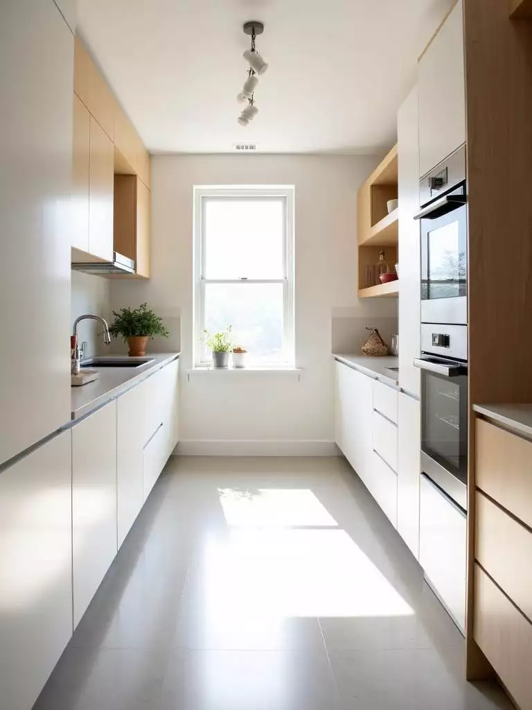 Modern white galley kitchen with efficient storage and light wood accents.
