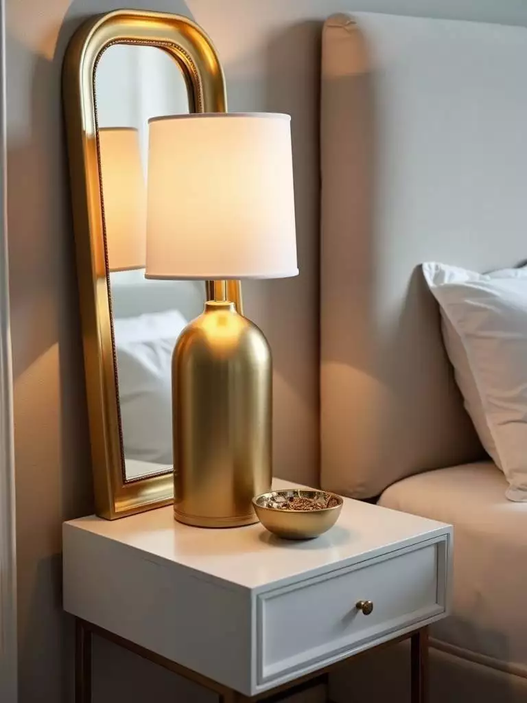Bedside table with gold lamp, gold-framed mirror, and gold decorative bowl.