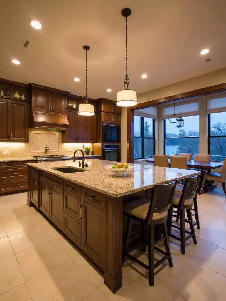 A grand kitchen island with bar stool seating and a prep sink takes center stage in a spacious luxury kitchen, illuminated by warm ambient lighting and surrounded by elegant cabinetry.