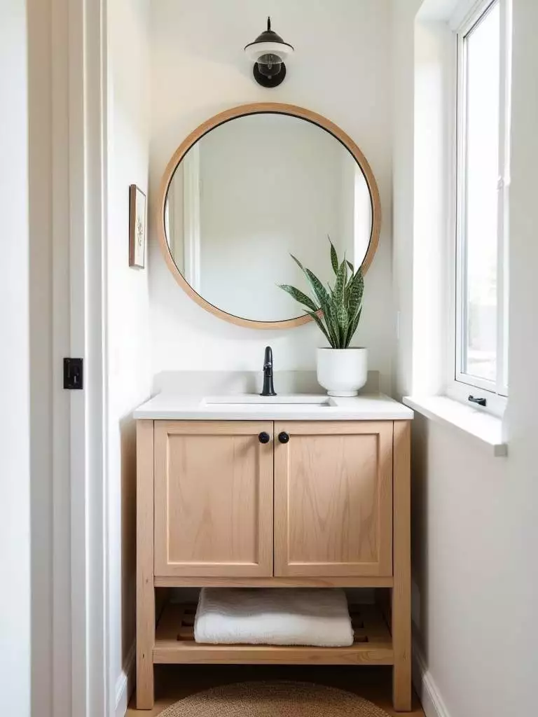 Small bohemian bathroom featuring a small snake plant in a white pot on the light wood vanity, adding a touch of green and natural life to the white and wood room.